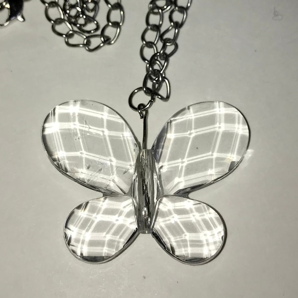 Faceted Clear Lucite BUTTERFLY Pendant Silver chain Necklace