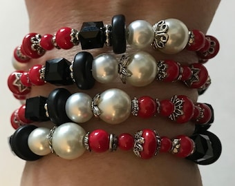 WIDE Red Black Pearl Beaded Wrap bracelet. NICE
