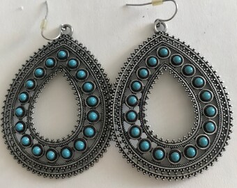 Large Turquoise silver metal Teardrop HOOPS   2.5" long