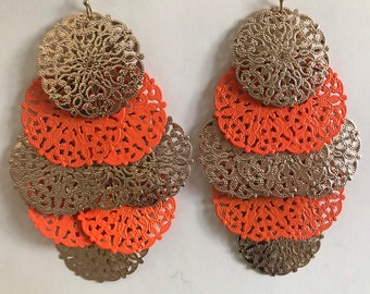 Dangling 4" Long Gold & Orange Filigree Earrings