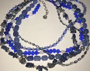 Multi Strand Blue Glass, Turquoise, Crystal beaded necklace signed T