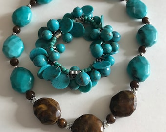 Chunky Turquoise Brown Marble Lucite Necklace & Cha Cha Bracelet