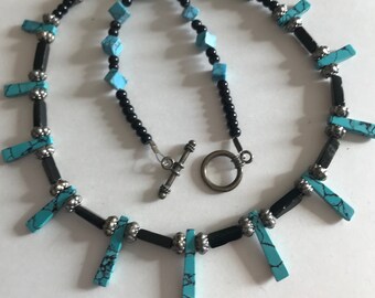 Black, silver Crackled Turquoise Spikey Ethnic toggle clasp Necklace