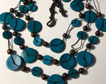 Multi Strand Dyed Turquois Coconut Shell Bib Necklace