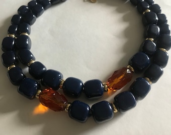 MASSIVE 90's Navy Double Layer Barrel Bead STATEMENT necklace   Designer Tag