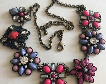Floral Rhinestone Necklace, Pink Purple Magenta Black