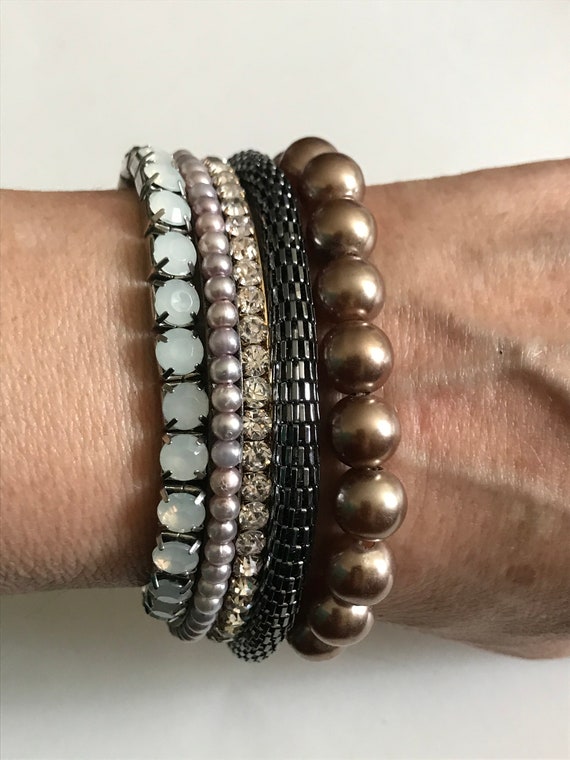 5 Stackable Bangle bracelets Pearl, Rhinestone, M… - image 1