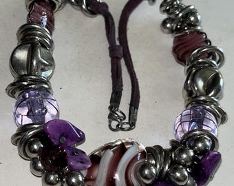 Silver tone Lucite bead purple glass heart, leather rope Choker
