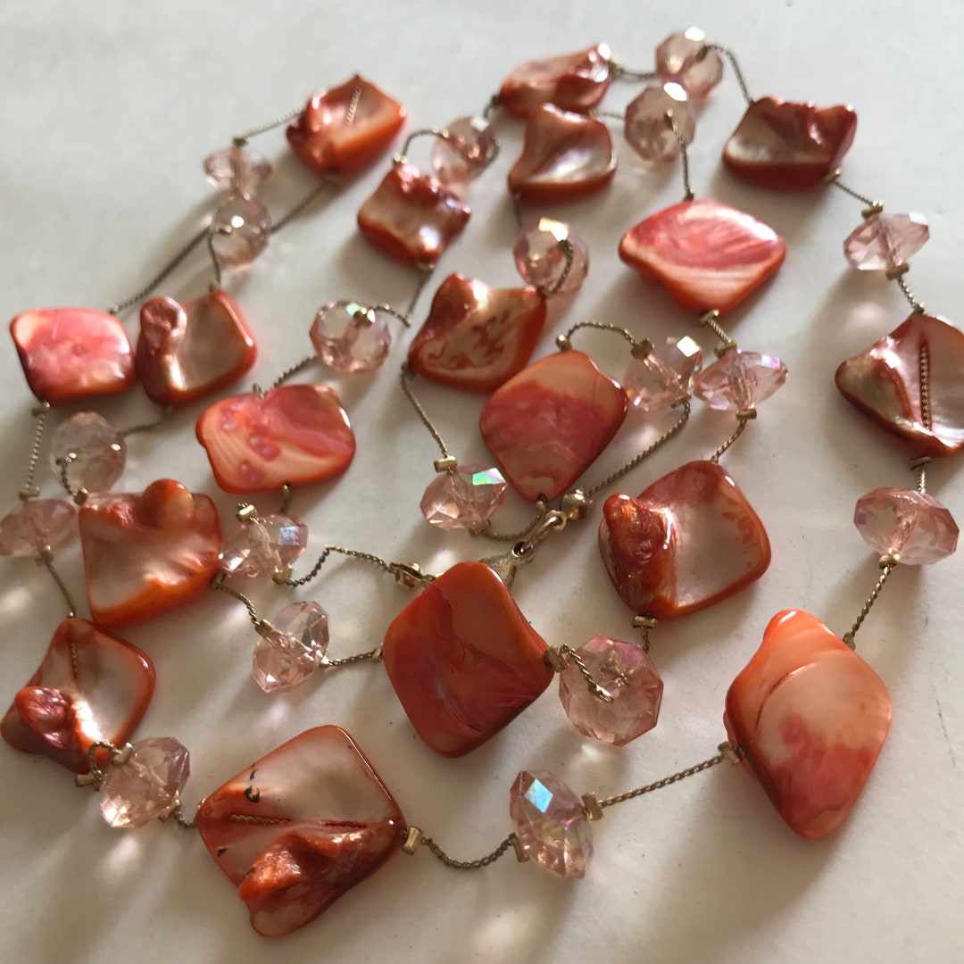 Coral Orange Floating Chrystal Shell Necklace 46
