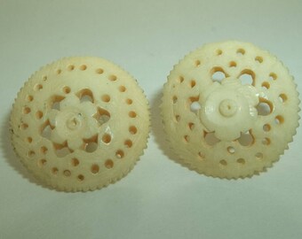 Vintage Estate Early Plastic or Celluloid Carved Ivory Earrings