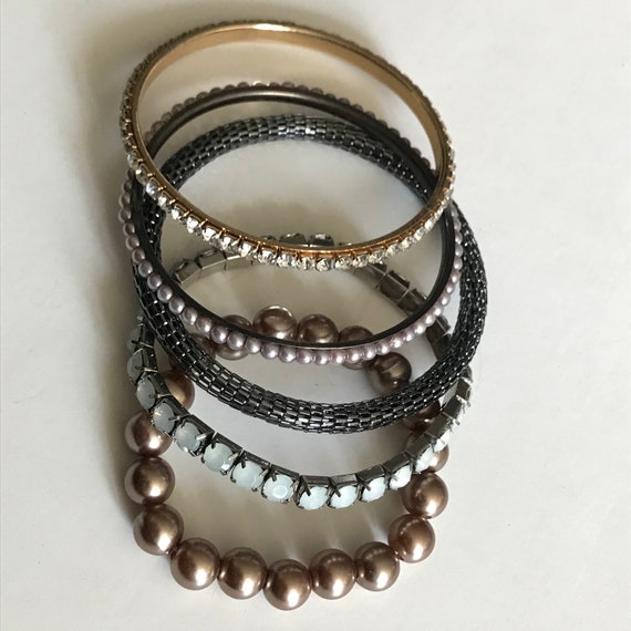 5 Stackable Bangle bracelets Pearl, Rhinestone, M… - image 4