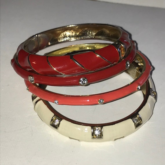 Four RED, Cream Rhinestone Enamel Stackable Hinge… - image 3