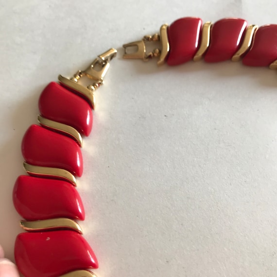 Vintage 90's Wide Cherry Red Lucite Gold Choker C… - image 2