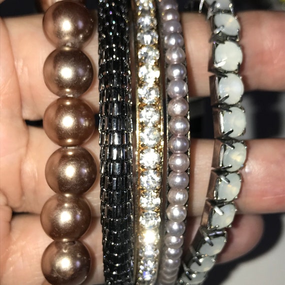 5 Stackable Bangle bracelets Pearl, Rhinestone, M… - image 2