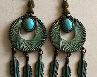 Long dangling, brass turquoise Son catcher feather earrings