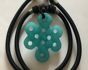 Turquoise Celtic Glass? pendant on a black rope Necklace choker