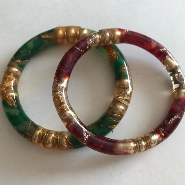 2 Emerald & Ruby Resin Bangles with miniature statues inside