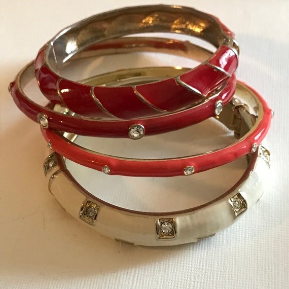 Four RED, Cream Rhinestone Enamel Stackable Hinge… - image 4
