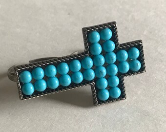 Western Faux Turquoise beaded CROSS 2 finger ring