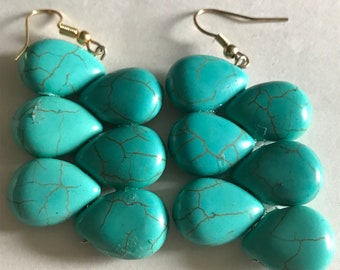 Dangling wide Turquoise Teardrop Stone Earrings