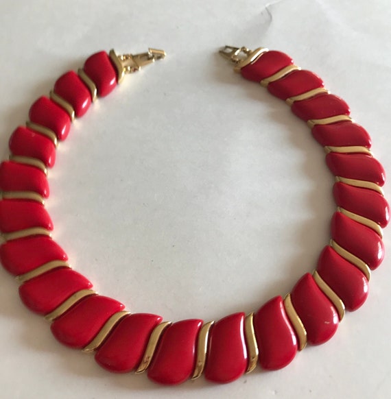 Vintage 90's Wide Cherry Red Lucite Gold Choker C… - image 1