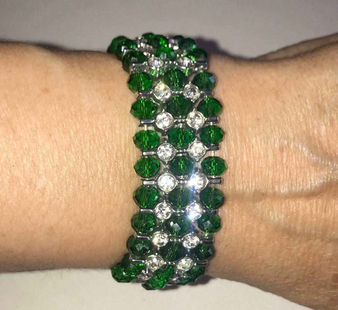 Wide Emerald Green Crystal Glass Rhinestone Stretch Bracelet Etsy