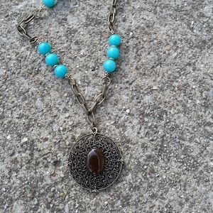 Necklace - Brown Medallion with Turquoise Bead