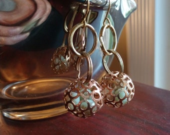 Earrings - Distressed Gold & Copper Open Design Bead with Captured Crystals