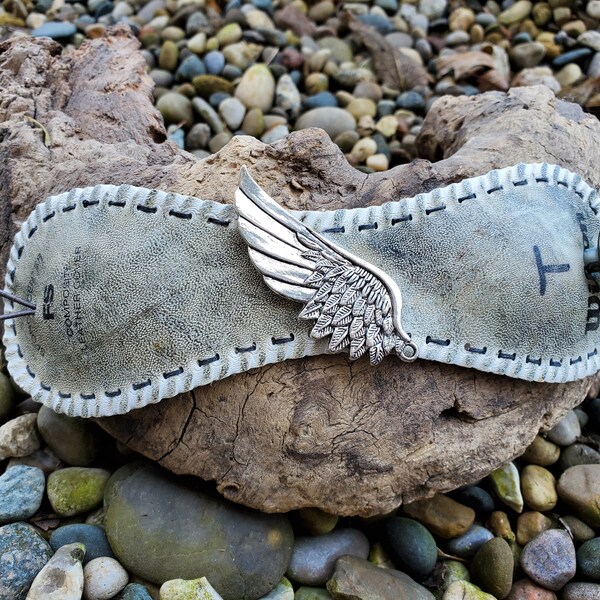 Bracelet - Recycled Baseball Skin with A Silver Textured Angel's Wing