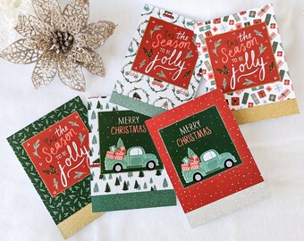 Country Christmas Boxed Card Set, Red Green Vintage Holiday Cards