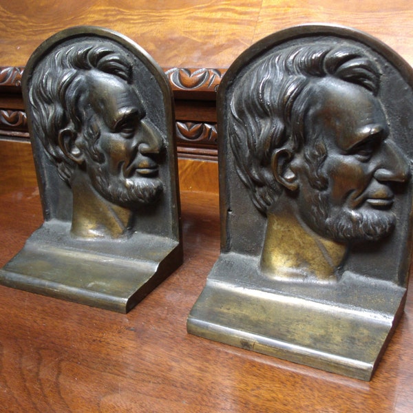 Abraham  Lincoln Bookends, Bronze Plated Lincoln Cast Iron Antique Pair of Bookends