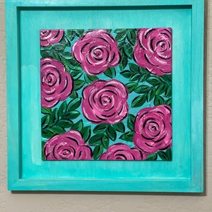 Pink Rose painting on a turquoise wood frame for home decor
