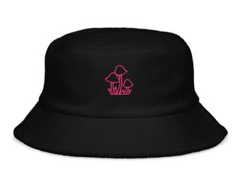 Mushroom Bucket Hat, Terry Cloth Bucket Hat with Pink Mushroom Raver Hat Festival Hat