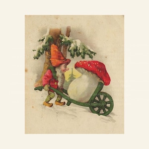 Vintage Wichtel mit Schubkarre und Pilz | Antike Postkarte Illustration | Digitaler Download PNG & JPG