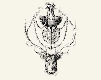 Antique Deer Head Ornate Gothic Deer Head Illustration- DIGITAL DOWNLOAD