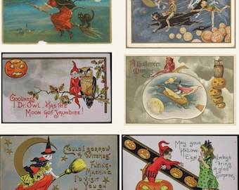 Vintage Halloween Postcard Bundle | 6 Antique Halloween Illustrations | Witches, Pumpkins, Black Cats | Digital Download PNG