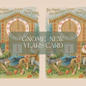 Carte postale victorienne pour le Nouvel An - Gnomes et horloge | Téléchargement numérique