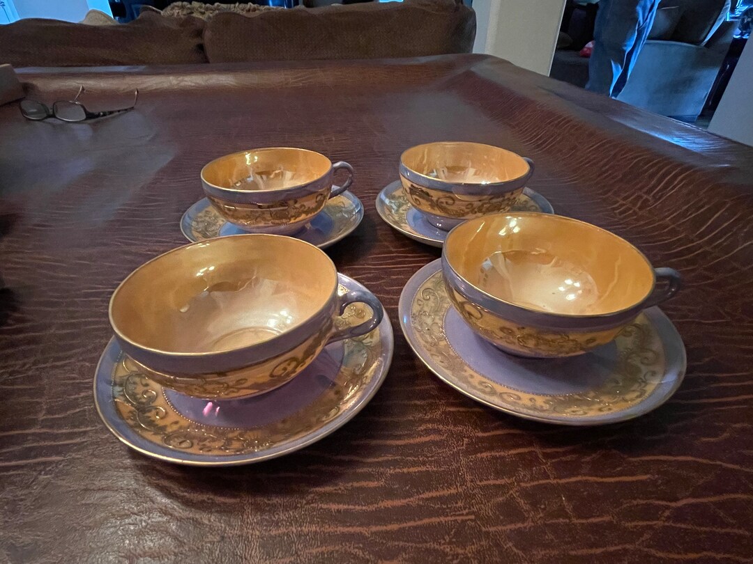 4 Elegant Made in Japan Cups and Saucers Purple Blue Gold With Etched Trim AMAZING Etsy