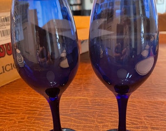 2 Cobalt Blue Wine glasses No markings, look unused  Replacement Glass Christmas