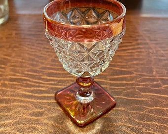 EAPG Depression Era Shot Glass or Liquor Glass with Red Band and square Red Base and lovely decorations