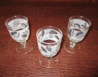 Libbey Rock Sharpe作 シルバーリーフ＆ウィートステムウォーターゴブレット 3個、スタジオグラス、コレクターズグラス、ヴィンテージバーウェア