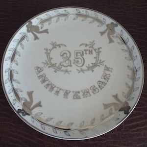 25th Wedding Anniversary Silver and White  Vintage Serving Platter Looks unused, Vintage LEFTON with Sticker