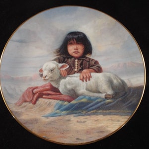 Espera vigilante por Perillio Collector&#39;s Plate 8.5&quot;, Collector&#39;s Plate, Vintage, hijos de los nativos americanos de la pradera, cordero,