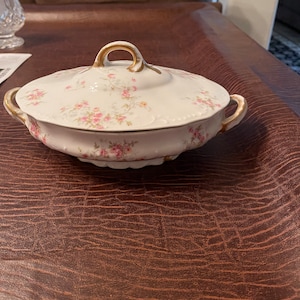 Waza do zupy Theodore Haviland Limoges France z pokrywką, złote akcenty, zabytkowy serwis obiadowy, DOSKONAŁY, talerze zamienne