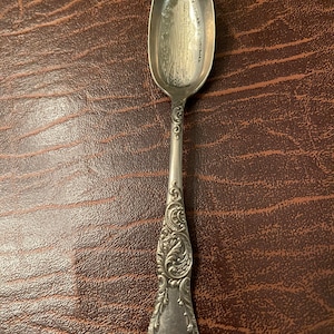 May include: Silver souvenir spoon with an ornate handle and a design of the US Capitol building on the bowl. The spoon is engraved with "Washington D.C. Souvenir".