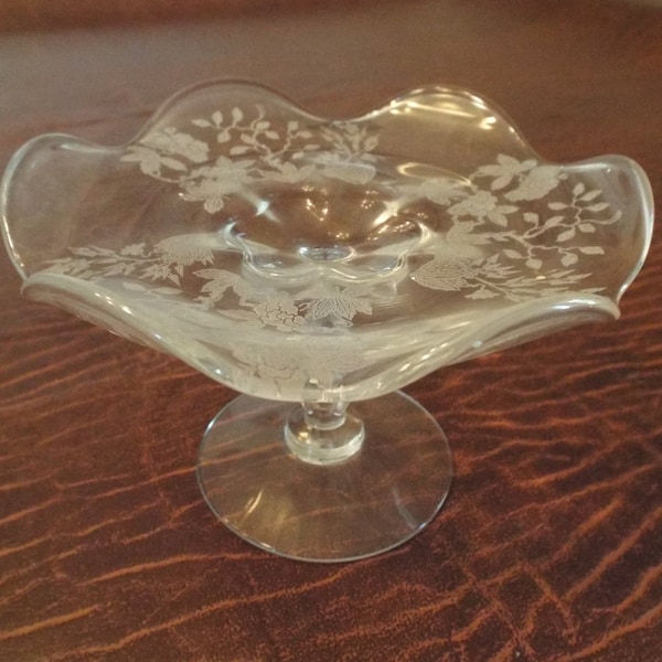 Pedestal fluted antique glass candy dish, sweetmeats, etched, studio art, vintage serving 5.25" x 3.25" max - LOVELY PIECE Gift under 20