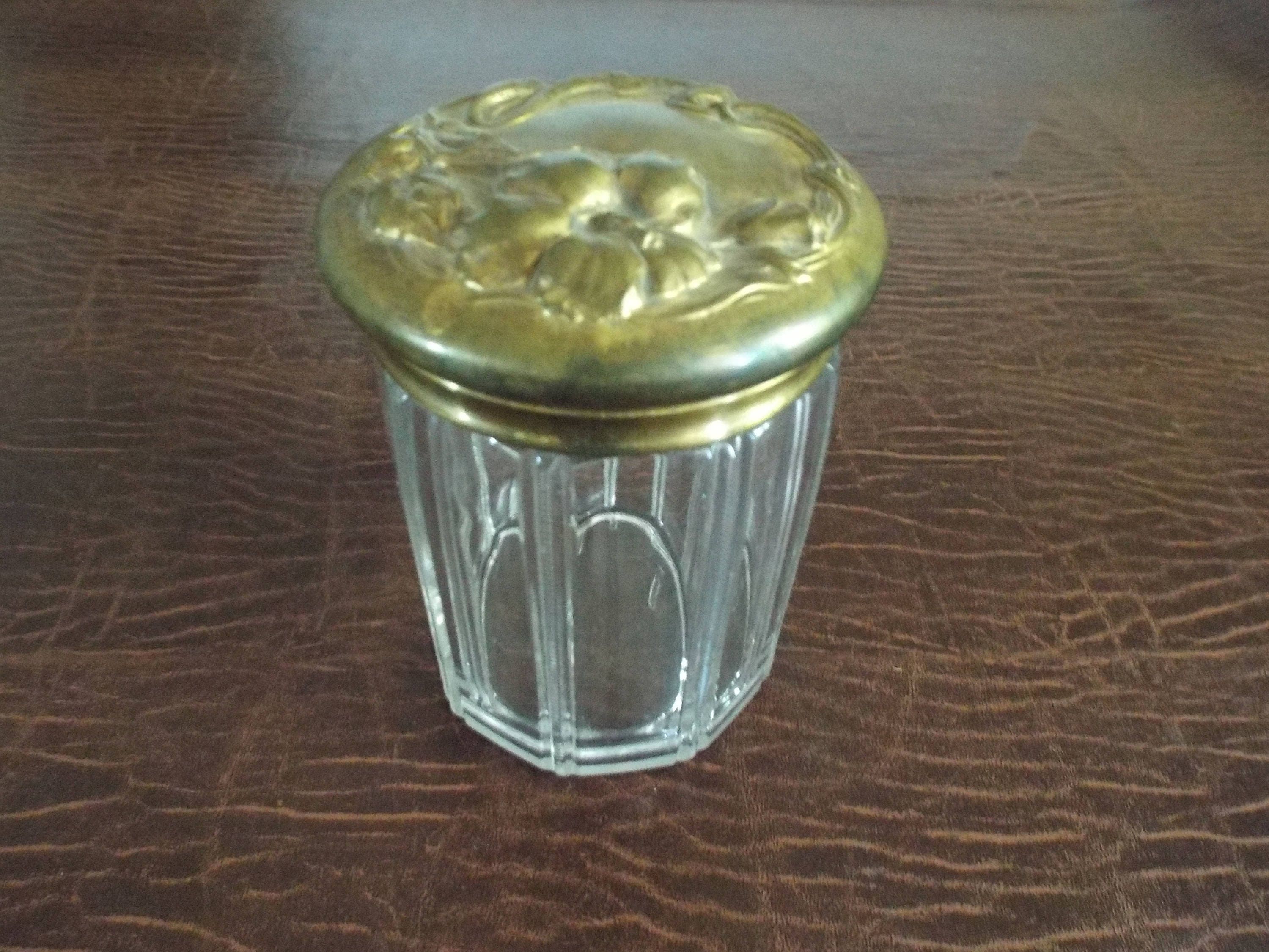 ANTIQUE glass TOBACCO jar humidor gold colored lid with Etsy