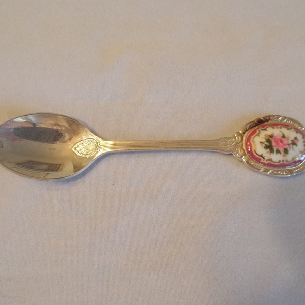 Pink Porcelain Flowered Silver Plated  Spoon,  Vintage spoon, Collector's spoon, Unusual design and Shape Gift under 10