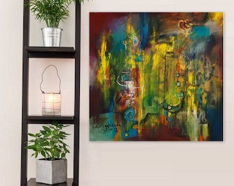 ORIGINAL Painting, Green Yellow Blue Red Gray Abstract Painting, Wall Hanging, Abstract Oil On Canvas Art, Modern Wall Decor, art decor