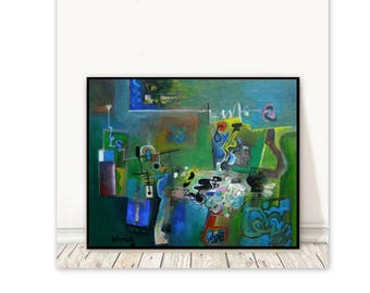 Spring Song by Constantin Galceava, Modern Wall Decor, Green Blue Spring Vibrant Colors, Original Abstract Contemporary Art, Oil On Canvas